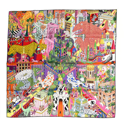 Hermes Silk Animapolis Scarf 90 Jaune Vif Vert Rose 1 of 5
