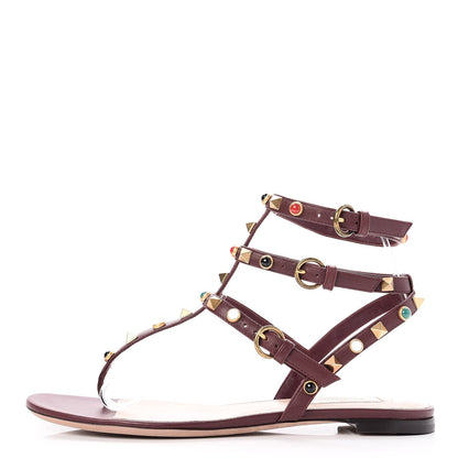 Valentino Garavani Calfskin Rockstud Rolling Cabochon Ankle Wrap Flat Thong Sandals 37.5 Cacao 1 of 8
