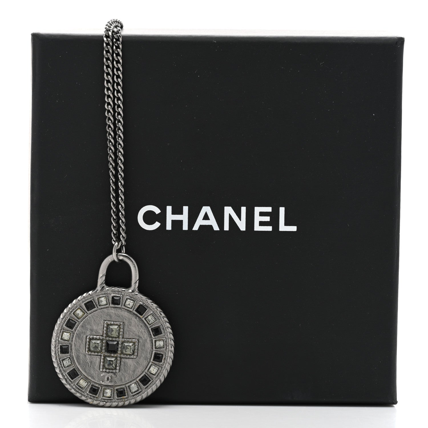 Chanel Crystal Cross Medallion Necklace Ruthenium Black 7 of 7