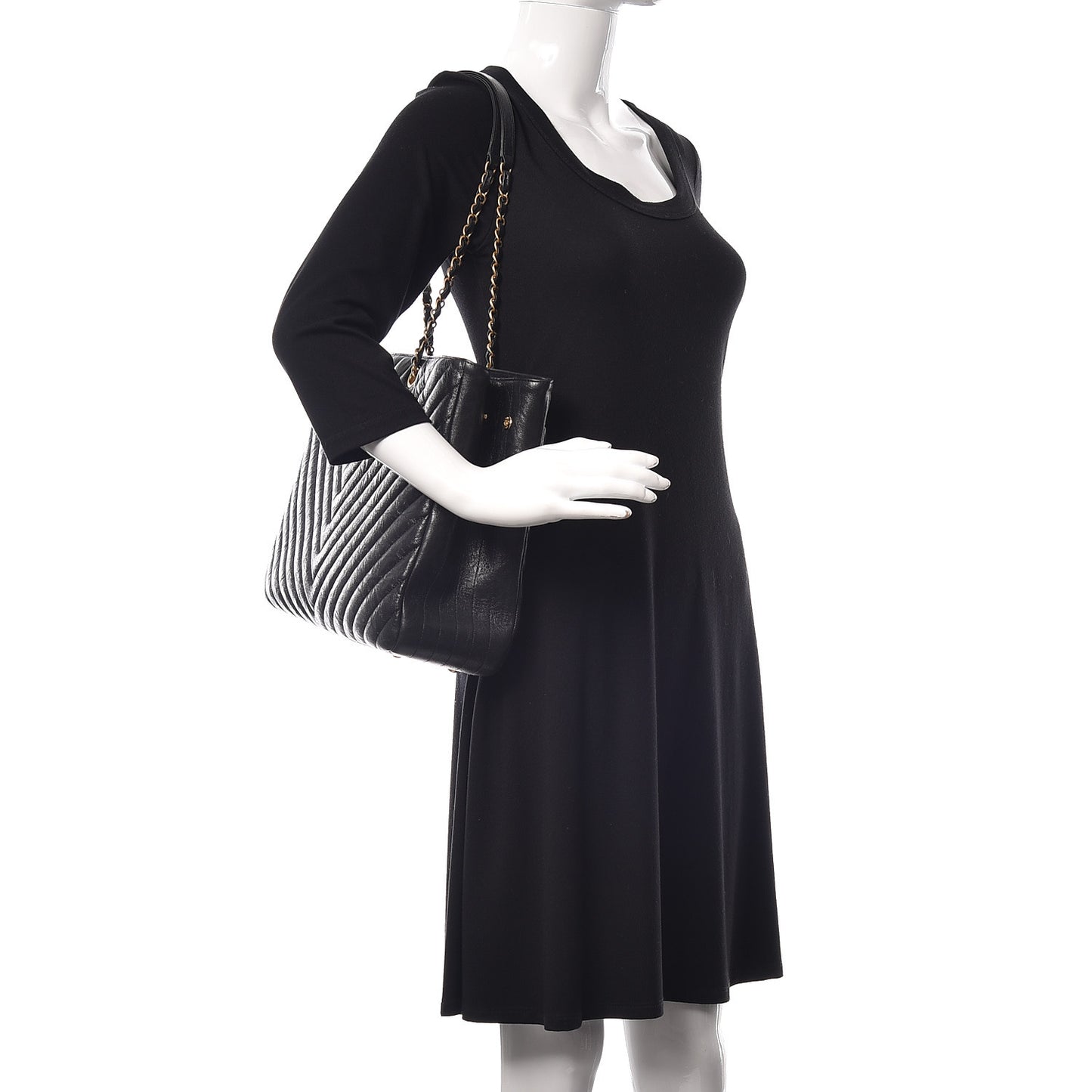 Iridescent Calfskin Chevron Quilted Shopping Tote Black