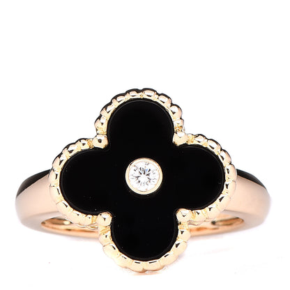 Van Cleef & Arpels 18K Yellow Gold Black Onyx Diamond Vintage Alhambra Ring 50 5.25 1 of 6