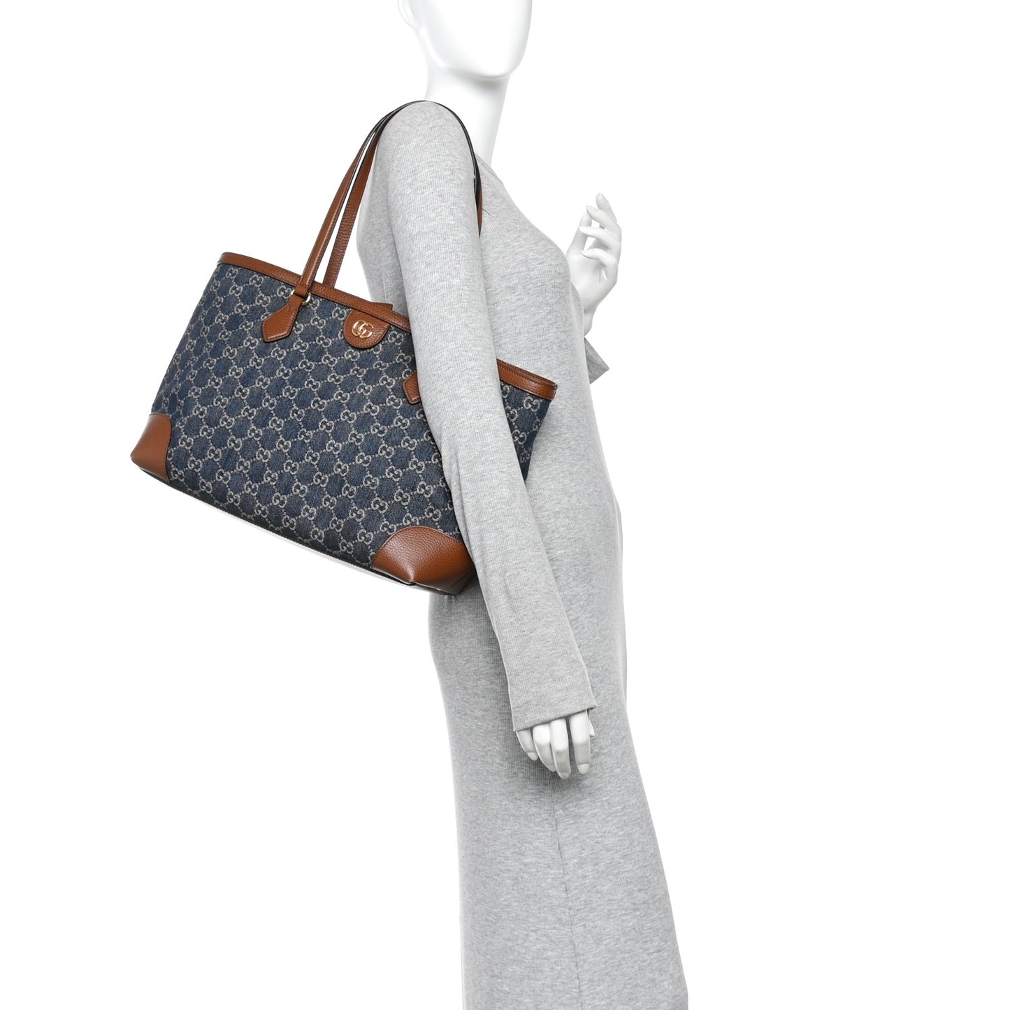 New Denim GG Monogram Medium Ophidia Shopping Tote Blue Tea Cuir