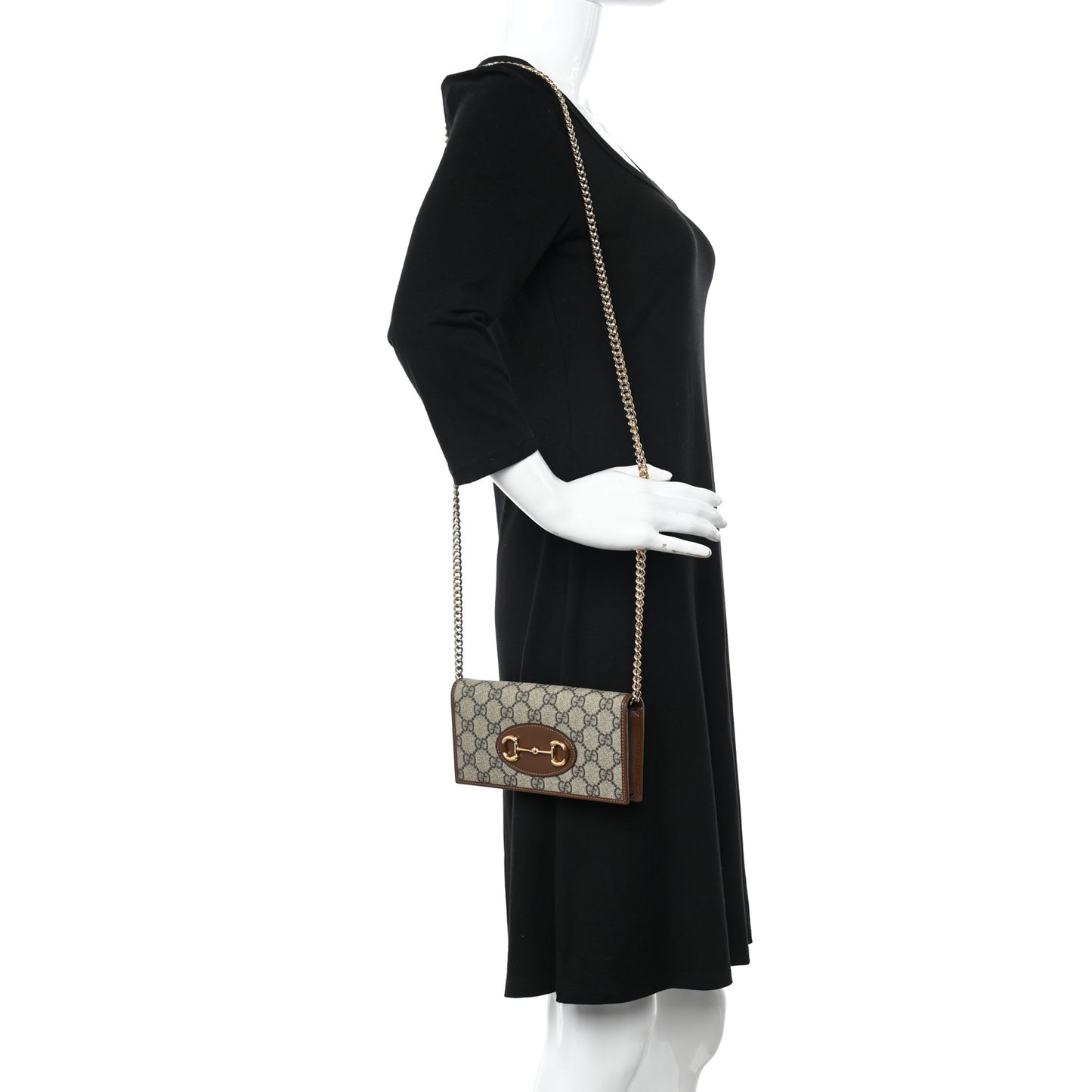 GG Supreme Monogram Azalea Calfskin Horsebit 1955 Wallet On Chain Beige Ebony Brown Sugar
