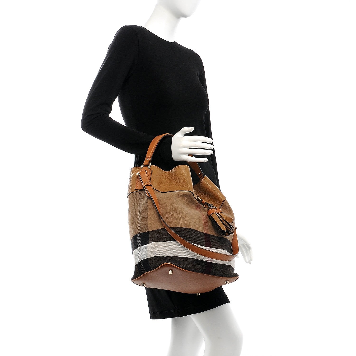 Burberry Grainy Calfskin Canvas Mega Check Medium Ashby Tassel Hobo Saddle Brown 5 of 11