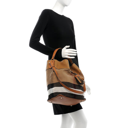 Burberry Grainy Calfskin Canvas Mega Check Medium Ashby Tassel Hobo Saddle Brown 5 of 11
