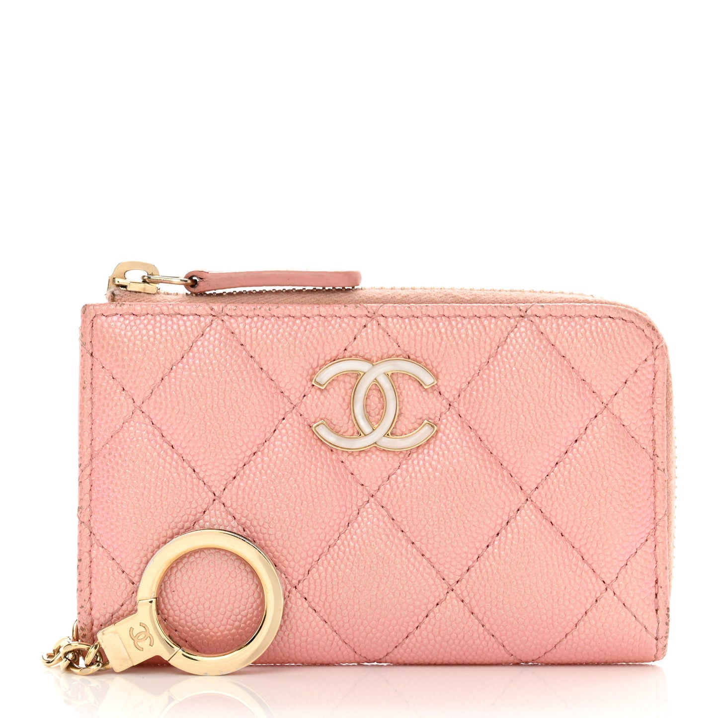 Iridescent Caviar Quilted Zipped Key Holder Case Rose Pink