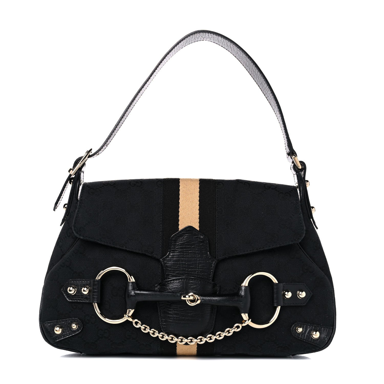 Gucci Monogram Horsebit Web Flap Bag Black Beige 1 of 14