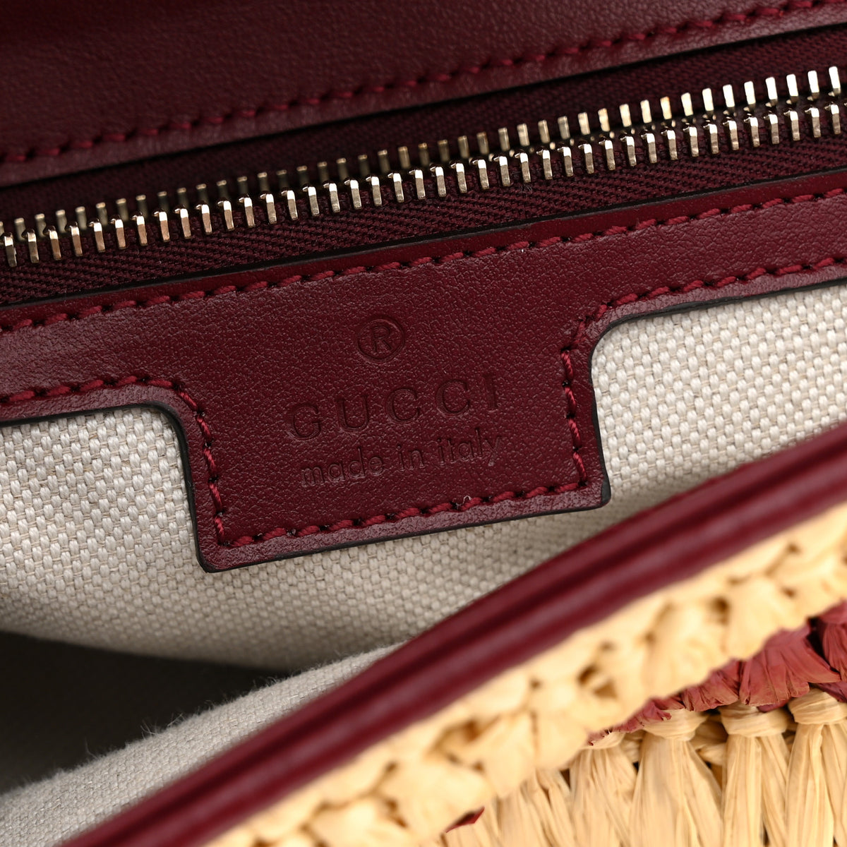 Calfskin Raffia Woven Striped Small GG Marmont Shoulder Bag Natural Burgundy