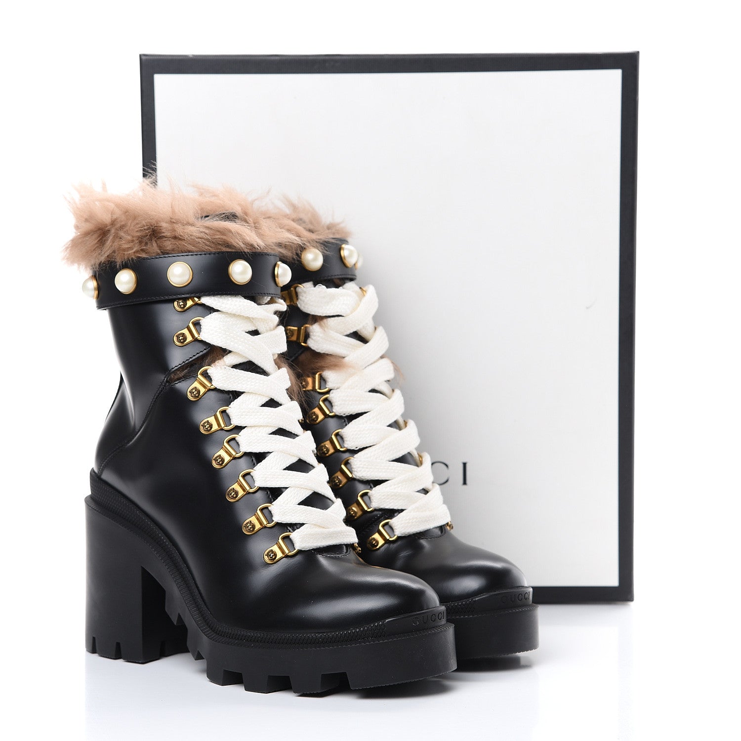 Gucci Magnum Calfskin Fur Pearl Lace Up Combat Ankle Boots 39 Black Naturale 8 of 8