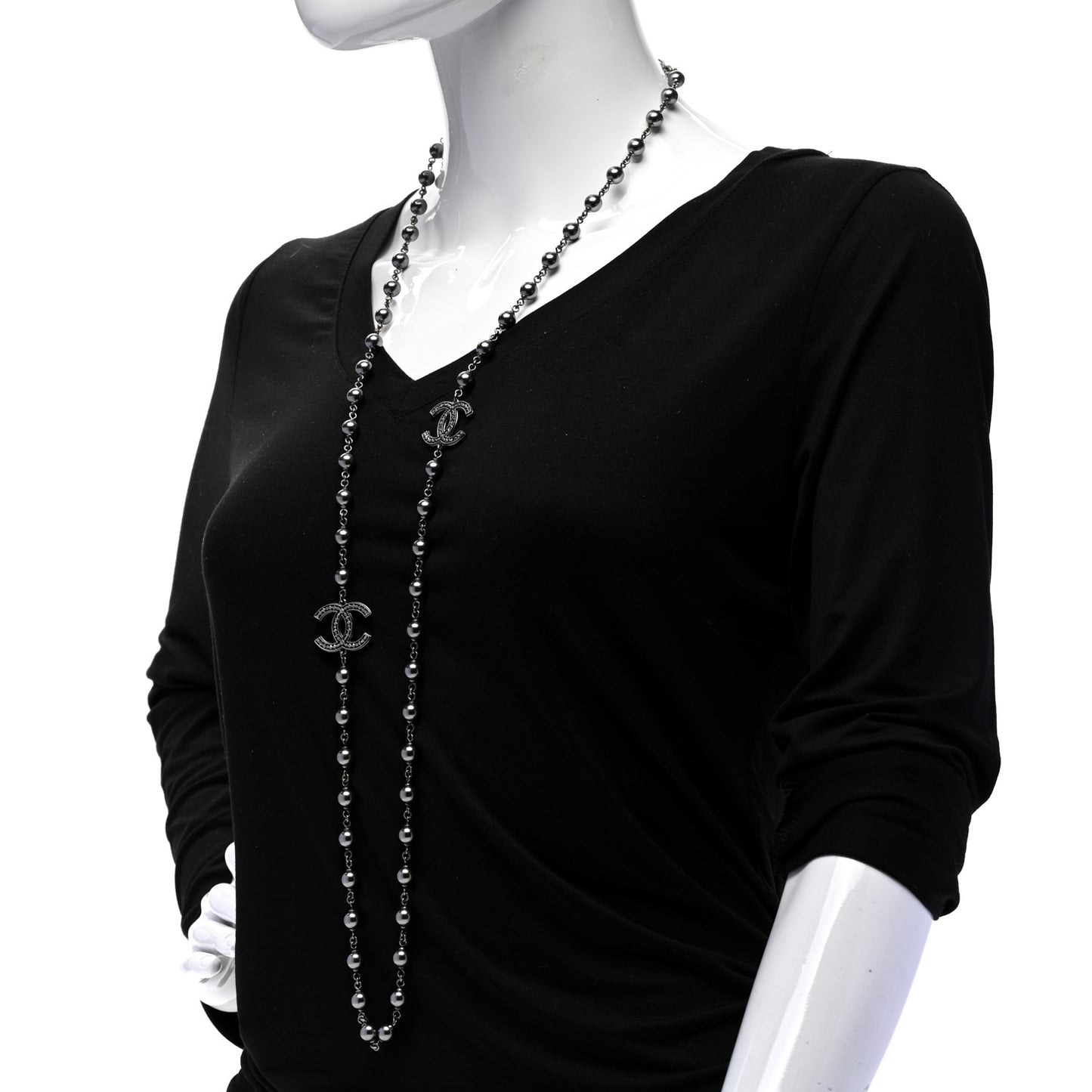 Ruthenium Pearl Beaded CC Long Necklace Black