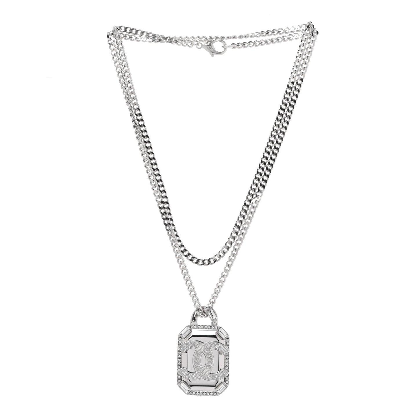 Crystal Baguette CC Mirror Pendant Necklace Silver