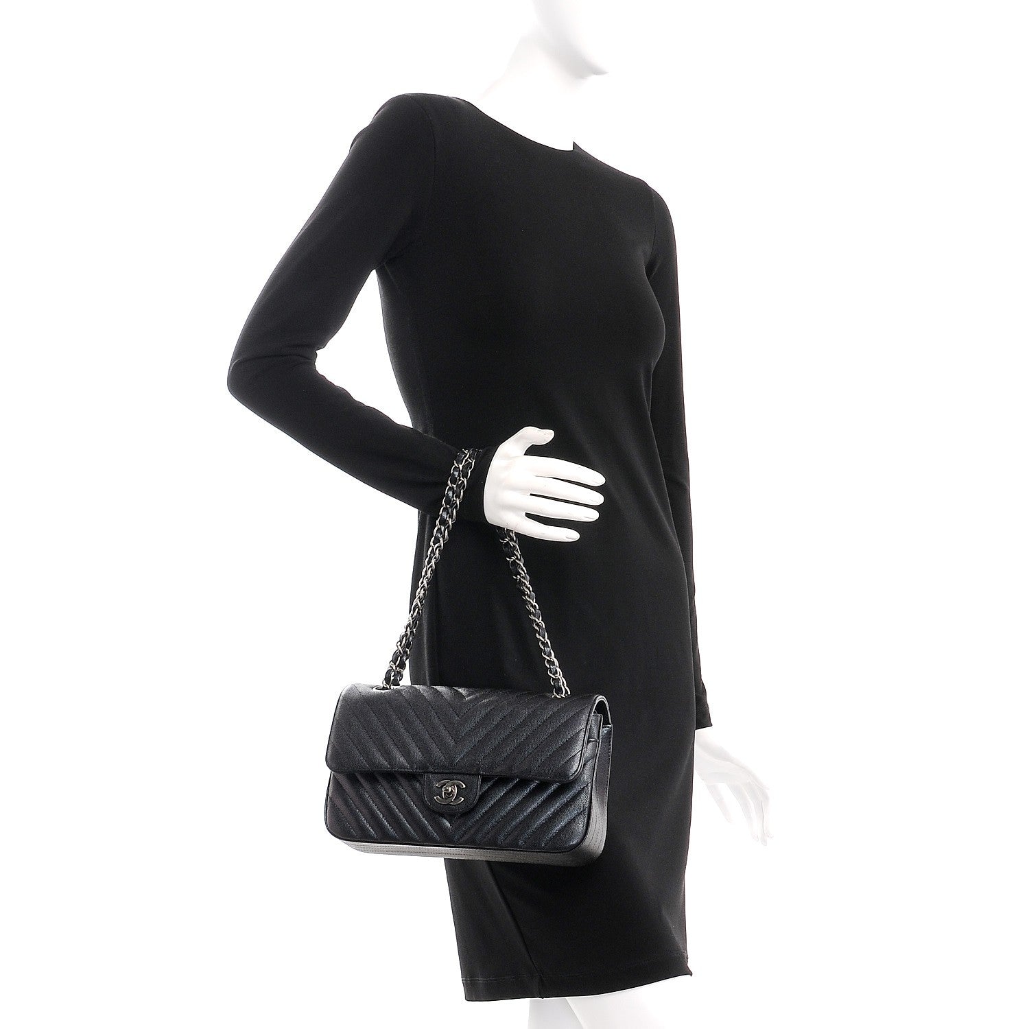Chanel Iridescent Caviar Chevron Quilted Medium Double Flap Black 3 of 9