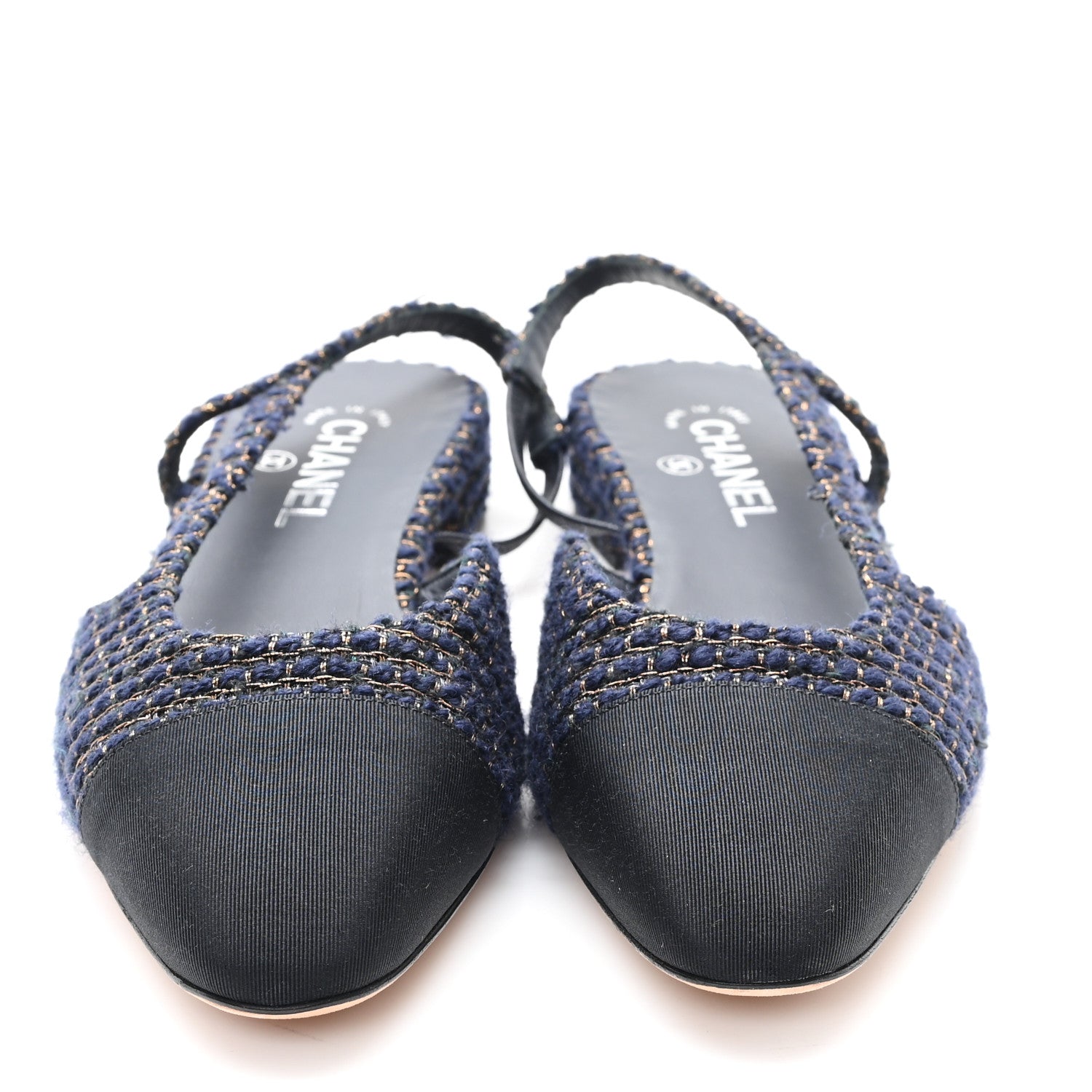 Chanel Tweed Grosgrain Cap Toe CC Slingback Flats  40 Blue Gold 3 of 9