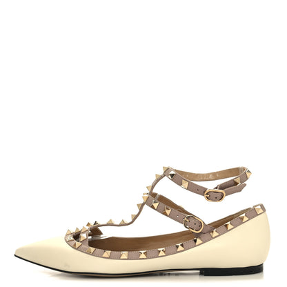 Valentino Garavani Calfskin Nappa Rockstud Cage Ballerina Flats 39.5 Ivory Poudre 1 of 10
