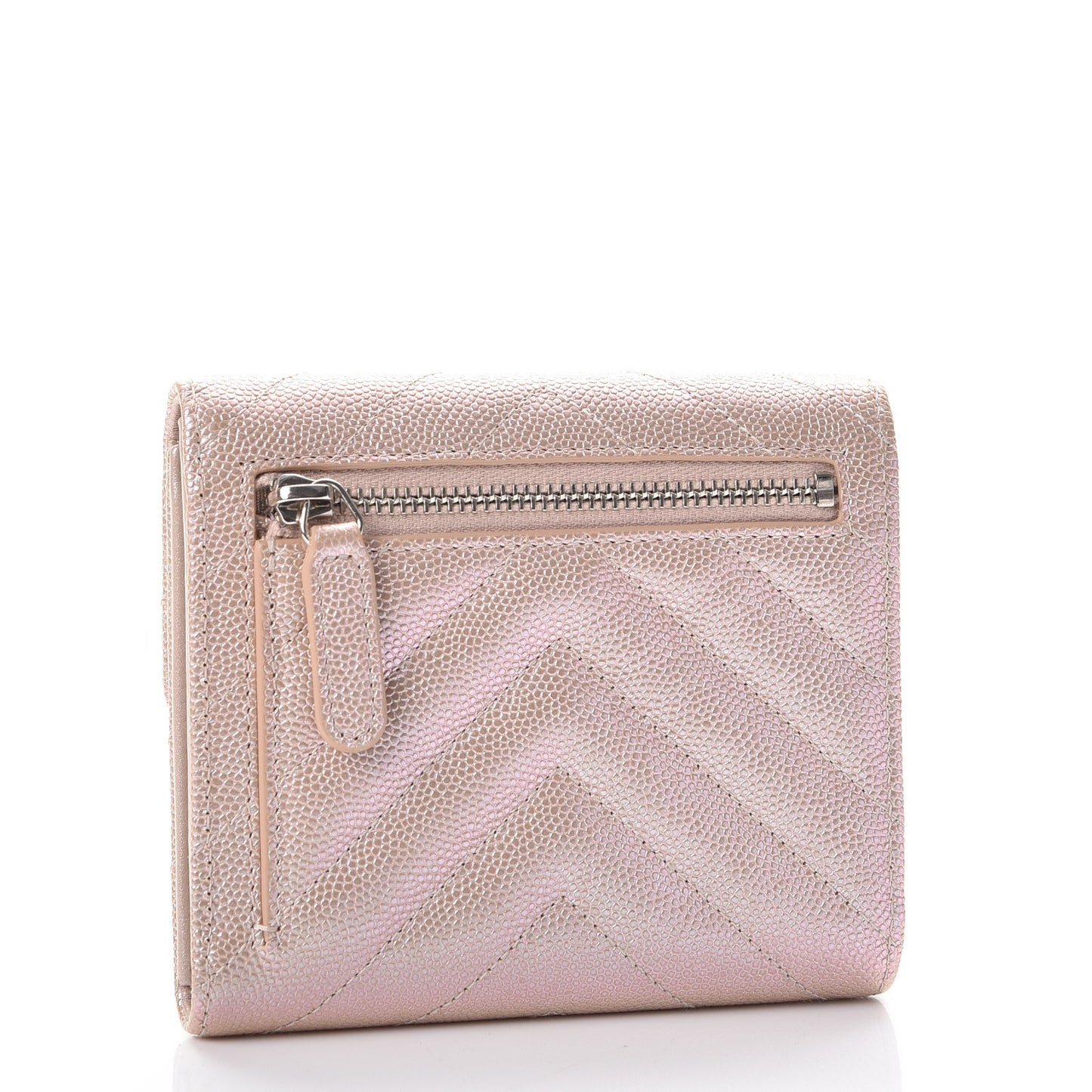 Metallic Caviar Chevron Quilted Compact Flap Wallet Light Gold