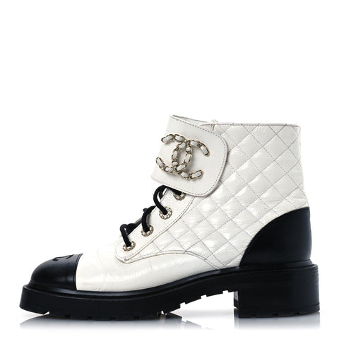 Shiny Goatskin Calfskin Quilted Lace Up Combat Boots 41.5 White Black