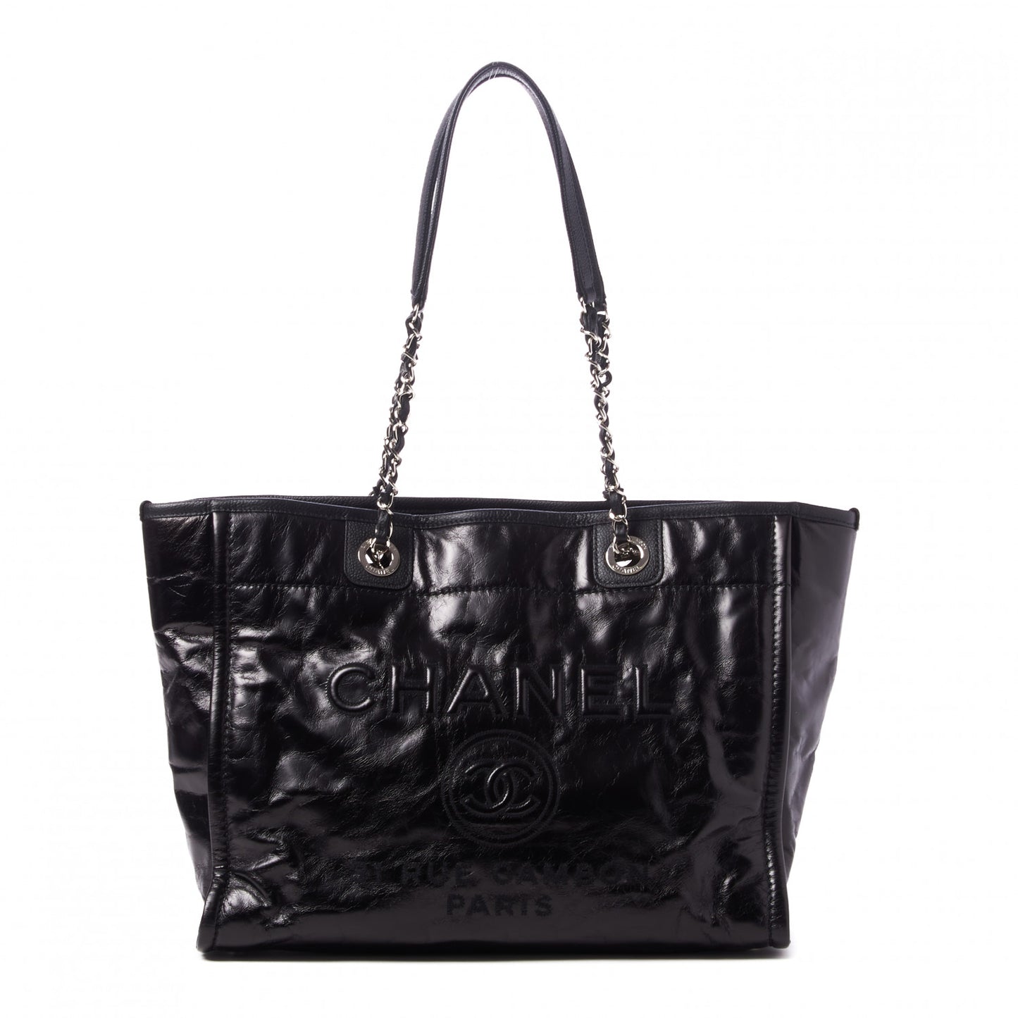Glazed Calfskin Small Deauville Tote Black