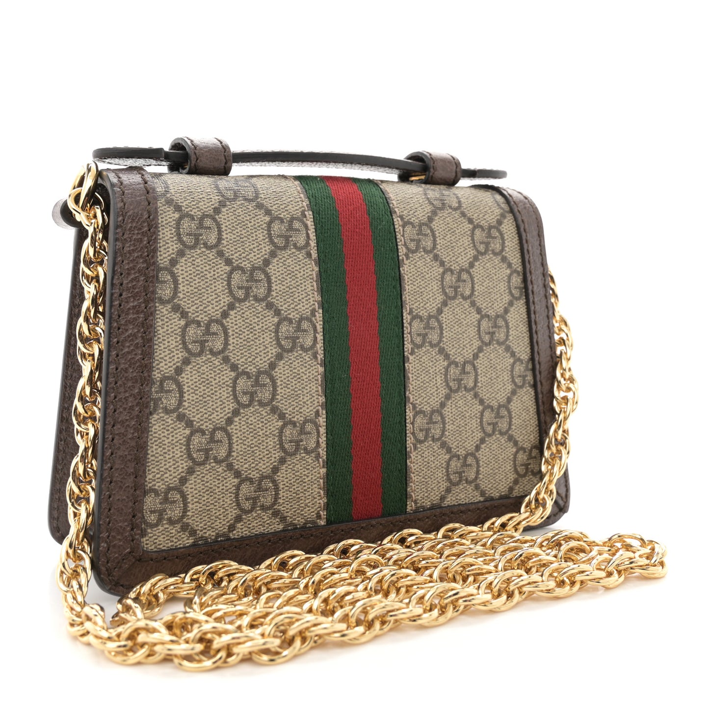 GG Supreme Monogram Textured Dollar Calfskin Web Mini Ophidia Padlock Top Handle Chain Shoulder Bag Beige Ebony New Acero