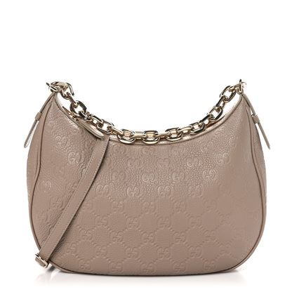 Gucci GG Grainy Calfskin Emblem Large Half Moon Shoulder Bag Taupe 1 of 10