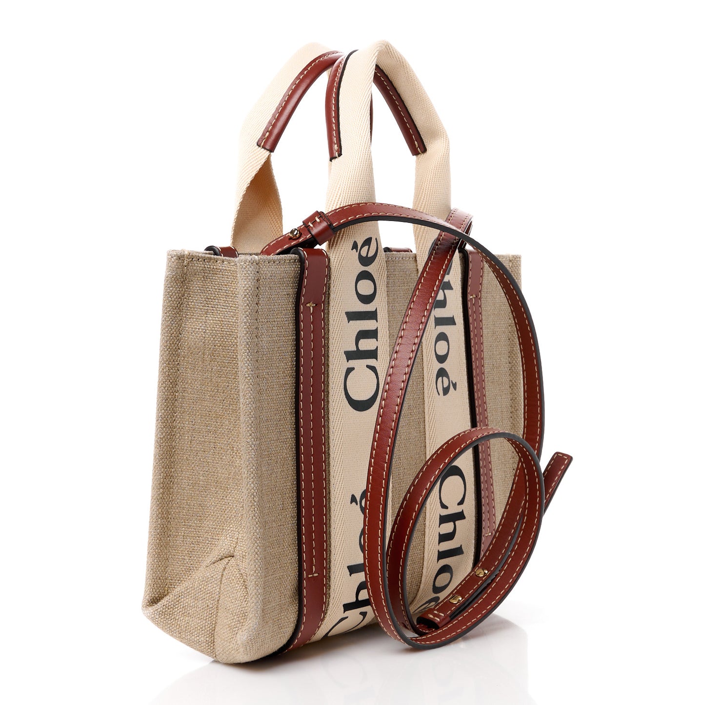 Linen Calfskin Small Woody Ribbon Tote With Strap White Brown
