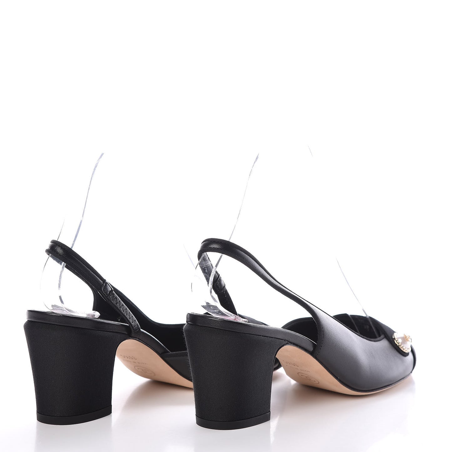 Lambskin Grosgrain Pearl Cap Toe CC Slingback Pumps 36.5 Black