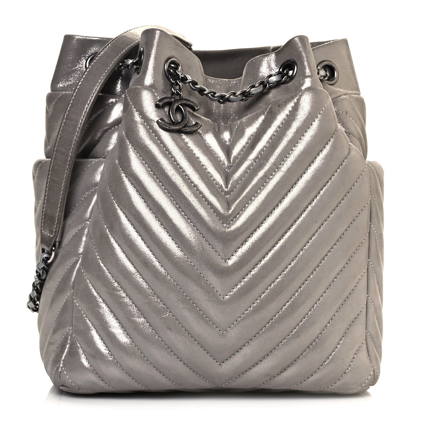 Iridescent Calfskin Chevron Small Urban Spirit Drawstring Bag Silver