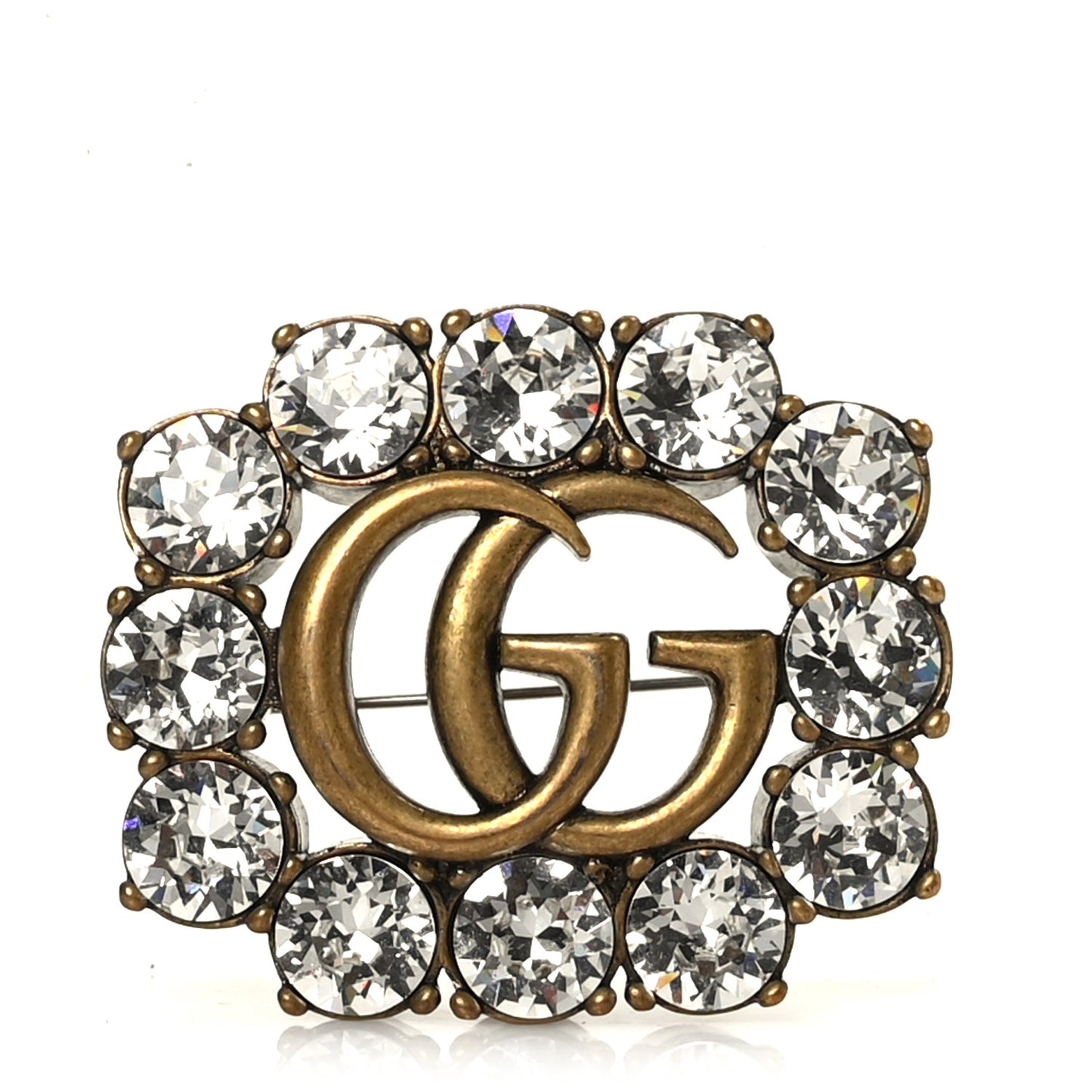 Metal Crystal Double G Brooch Aged Gold