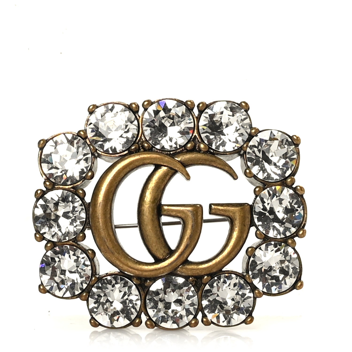 Gucci Metal Crystal Double G Brooch Aged Gold 1 of 3