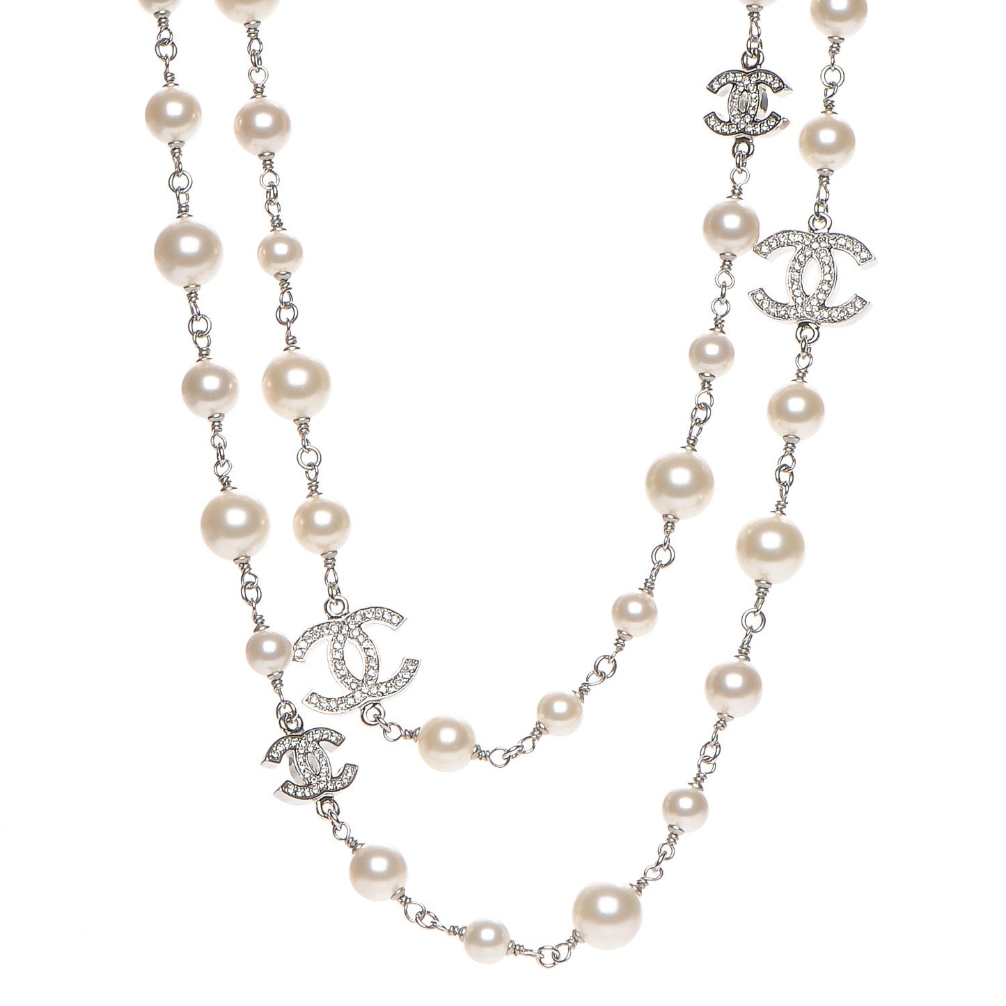 Crystal Pearl CC Long Necklace Silver