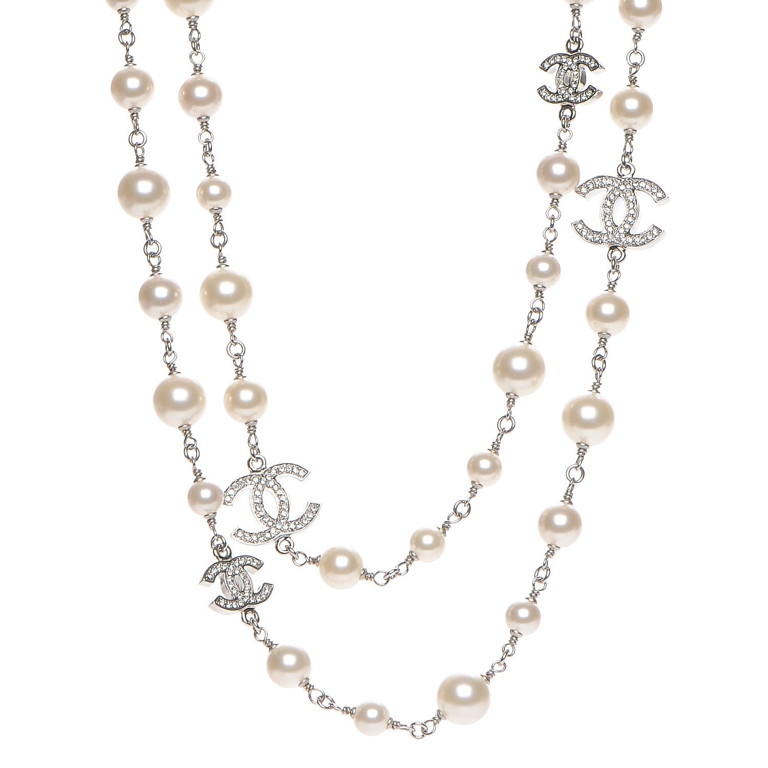 Chanel Crystal Pearl CC Long Necklace Silver 1 of 6