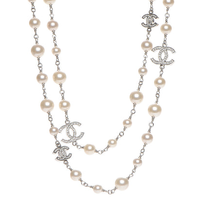 Chanel Crystal Pearl CC Long Necklace Silver 1 of 6