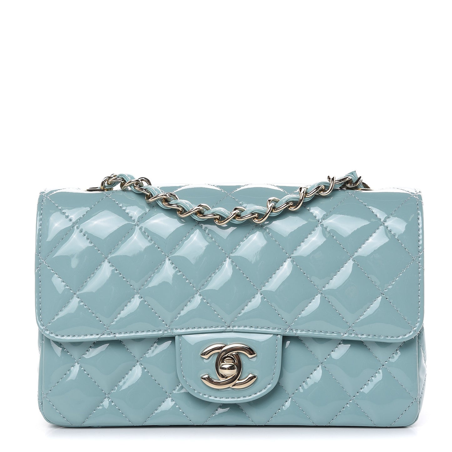 Patent Calfskin Quilted Mini Rectangular Flap Light Blue