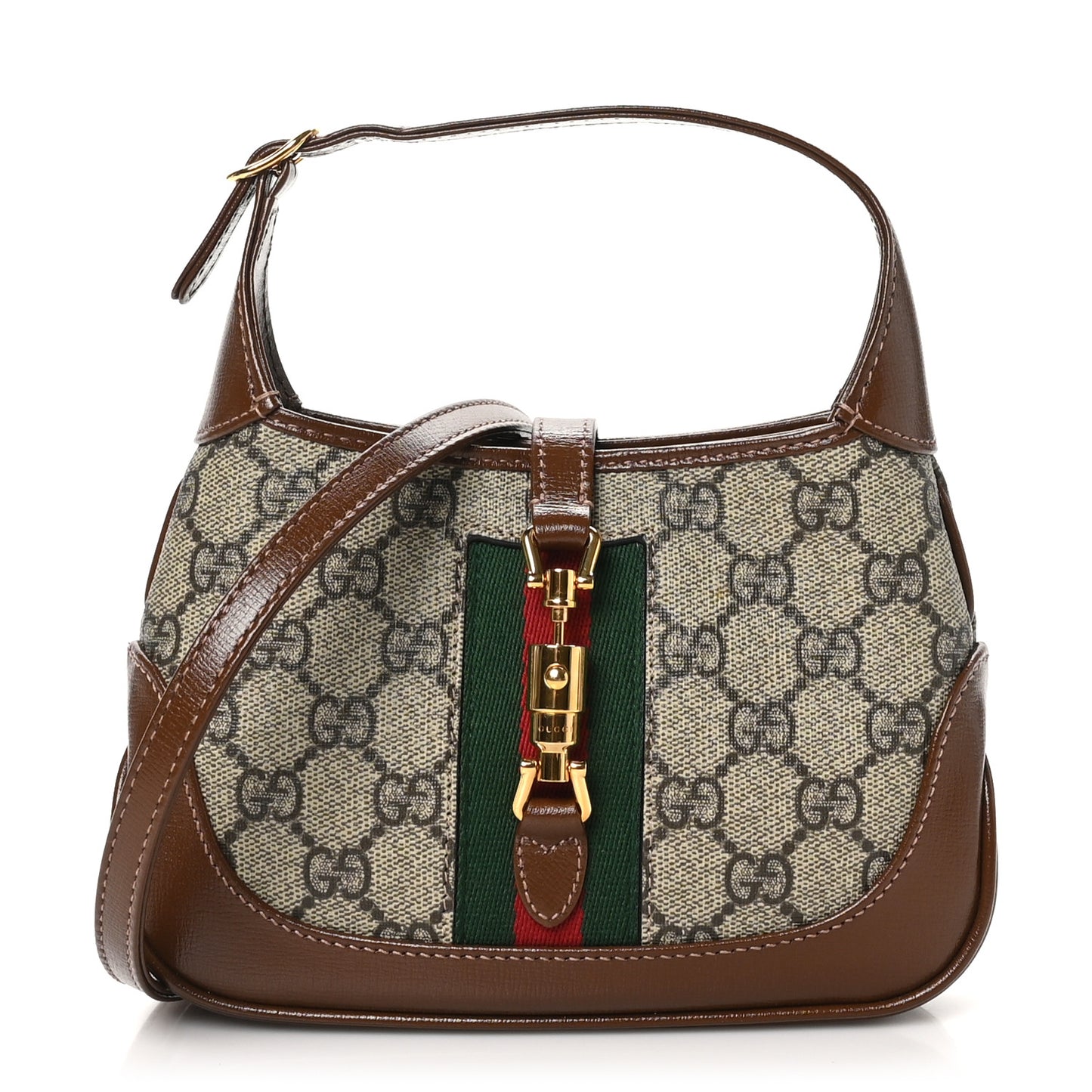 GG Supreme Monogram Azalea Calfskin Web Mini Jackie 1961 Hobo Beige Ebony Brown Sugar