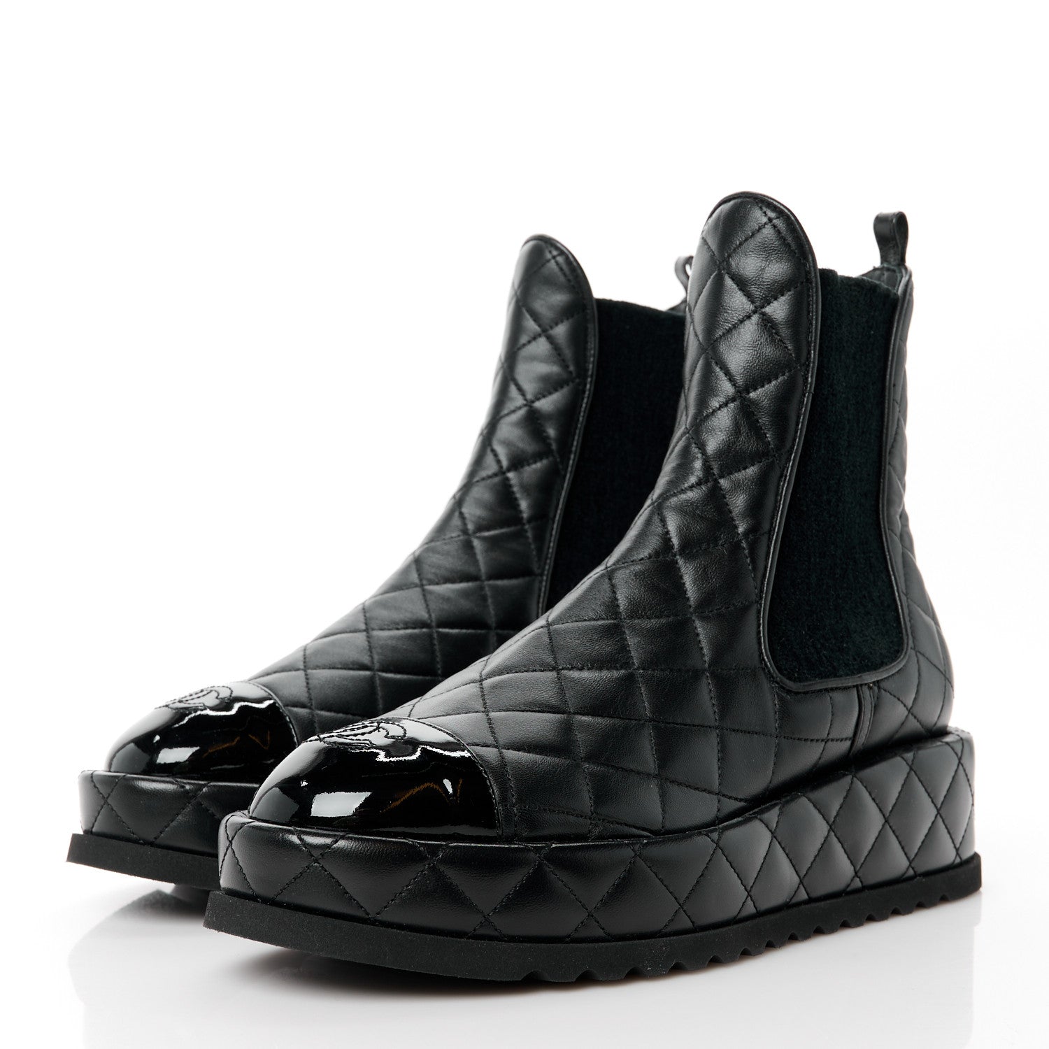 Chanel Lambskin Patent CC Cap Toe Quilted Short Platform Boots 37.5 Black 3 of 8