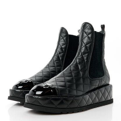 Chanel Lambskin Patent CC Cap Toe Quilted Short Platform Boots 37.5 Black 3 of 8
