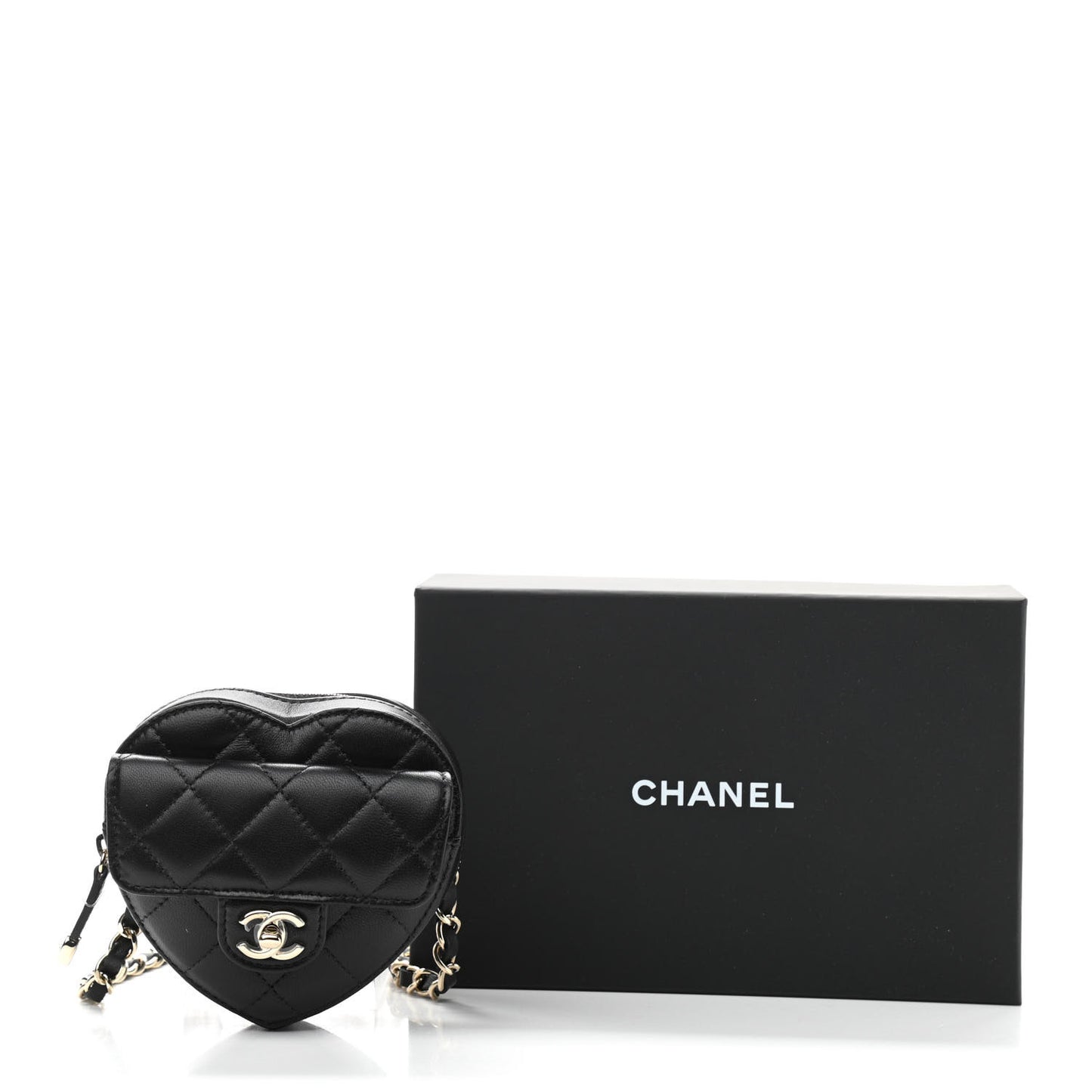 Lambskin Quilted CC In Love Heart Waist Belt Bag With Chain Black