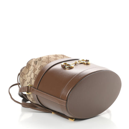 Gucci Monogram Textured Calfskin Horsebit 1955 Drawstring Bucket Bag Beige Brown Sugar 4 of 9