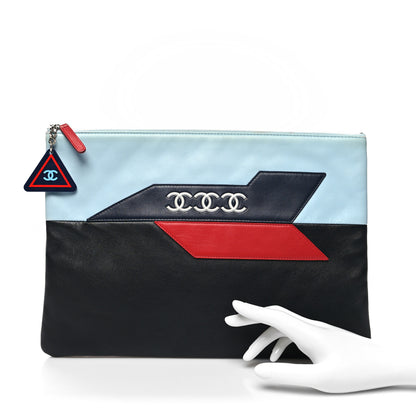 Chanel Lambskin Large Airline Zipper Cosmetic Case Blue Black Red 2 of 14