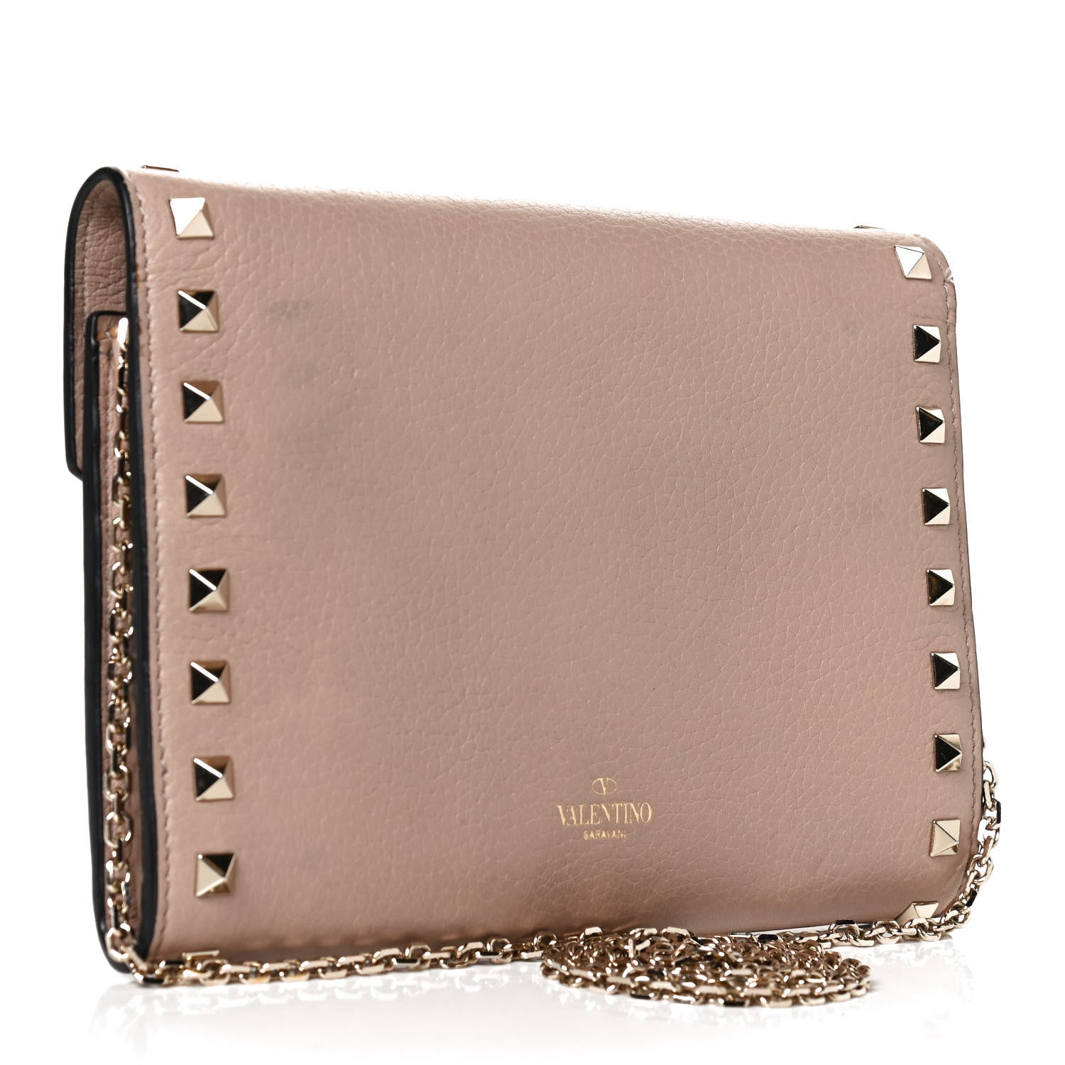 Valentino Garavani Pebbled Calfskin Rockstud Envelope Wallet on Chain Poudre 3 of 9