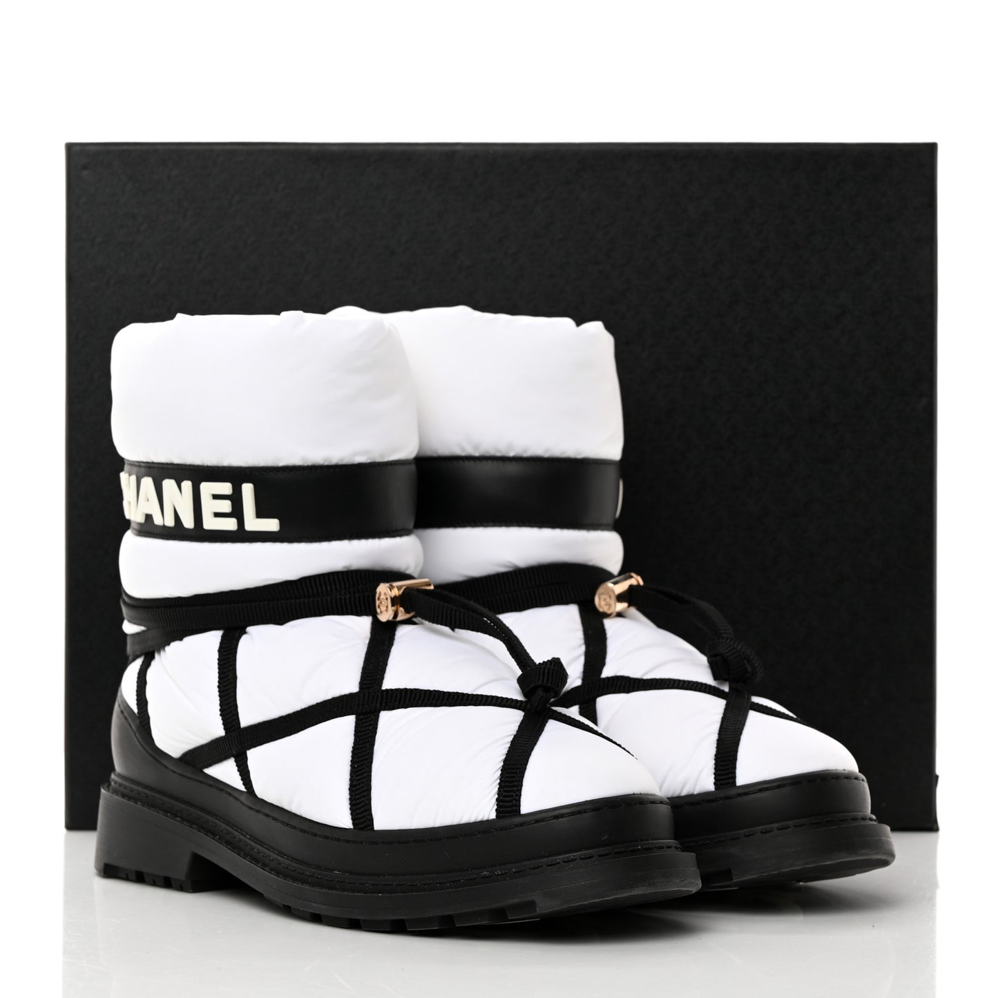 Calfskin Nylon Grosgrain CC Ankle Snow Boots 39 White Black