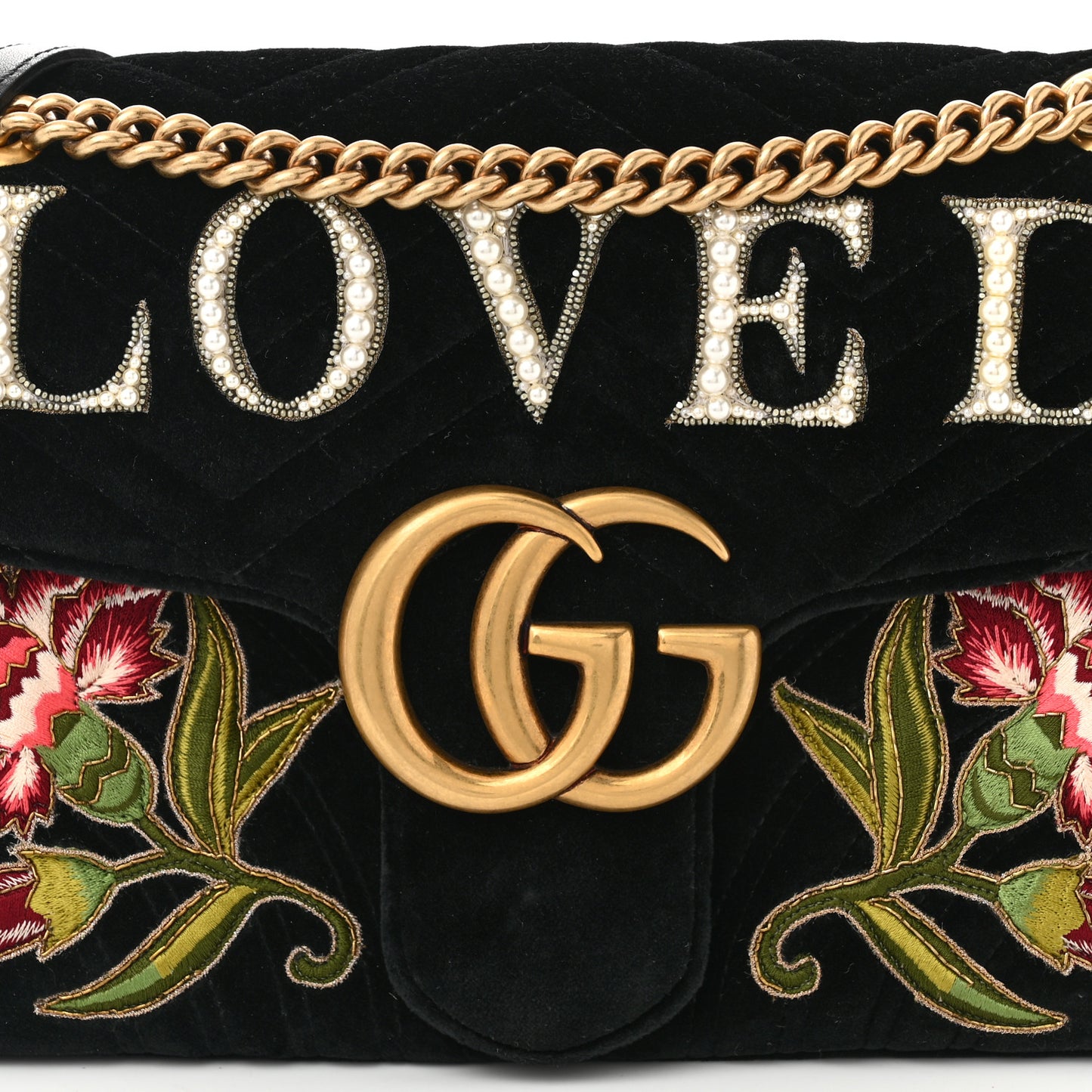 Velvet Matelasse Loved Embroidered Medium GG Marmont Shoulder Bag Black