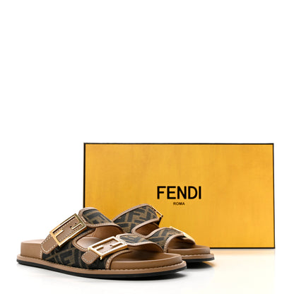 Fendi Fabric Jacquard Nappa FF Womens Fendi Feel Buckled Slide Sandals 40 Tobacco Black Miele Scuro 9 of 9