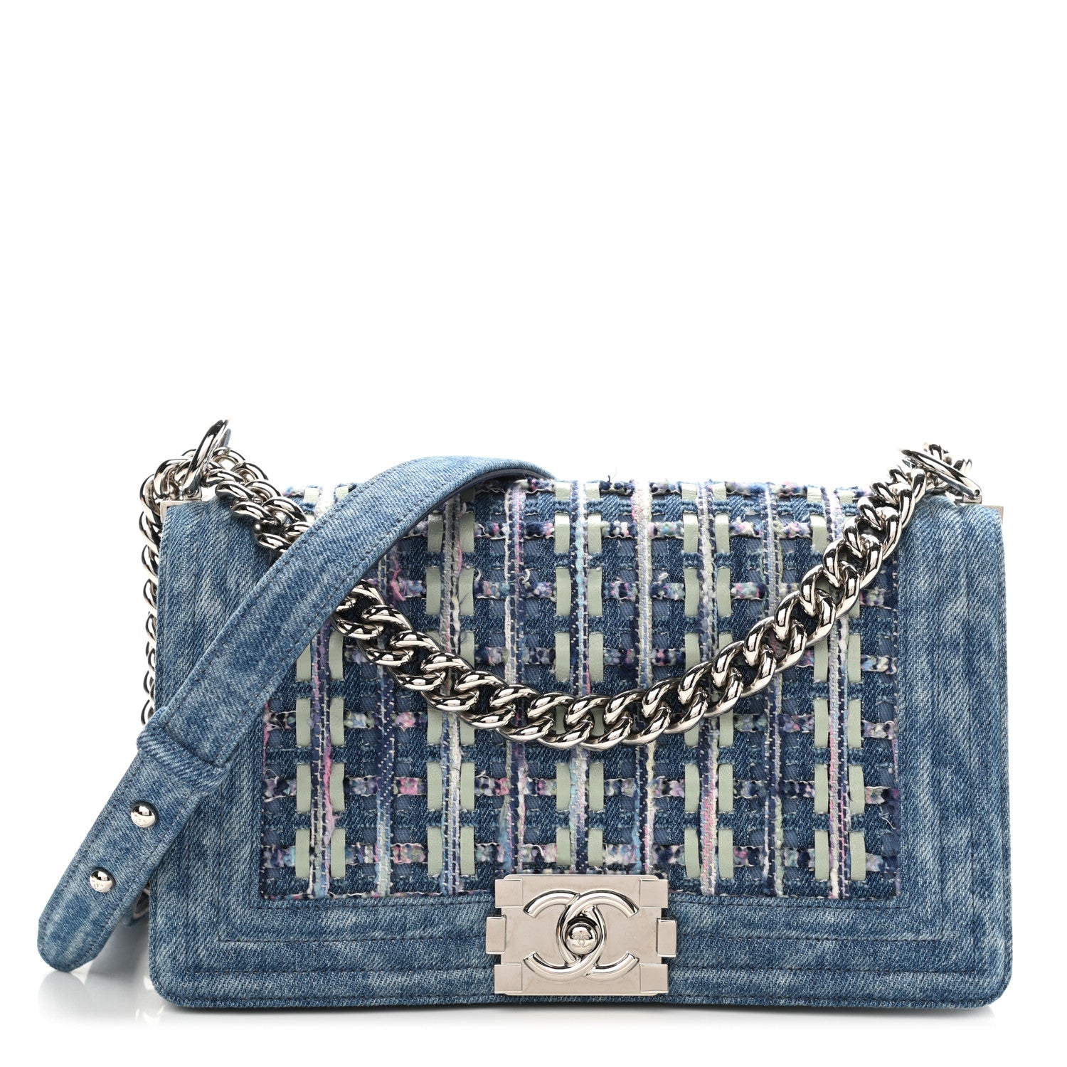 Chanel Cotton Tweed Denim Medium Boy Flap Light Green Light Blue 2 of 19
