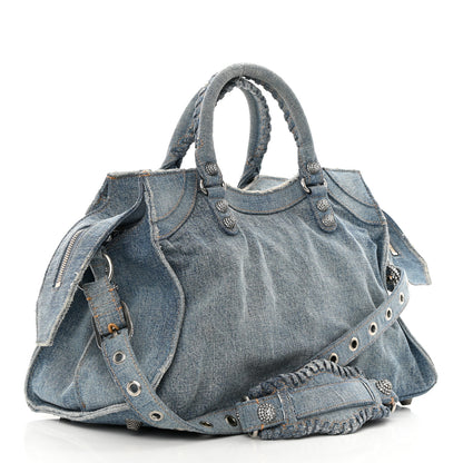 Balenciaga Washed Frayed Denim Crystal Neo Cagole City Handbag Blue 3 of 16