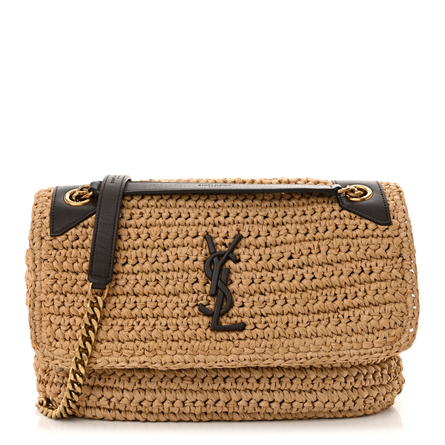 Saint Laurent Raffia Calfskin Monogram Medium Niki Chain Satchel Natural 1 of 11