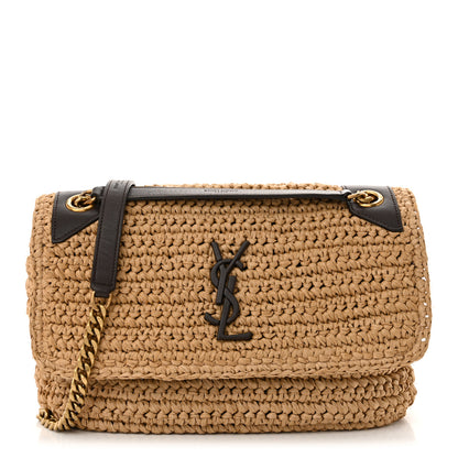 Saint Laurent Raffia Calfskin Monogram Medium Niki Chain Satchel Natural 1 of 11