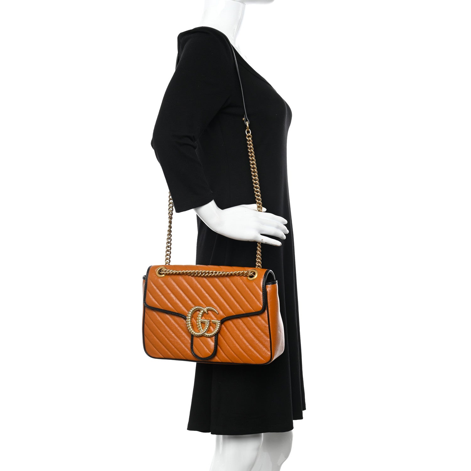 Gucci Vintage Effect Calfskin Matelasse Diagonal Small Torchon GG Marmont Shoulder Bag Cognac Black 2 of 10