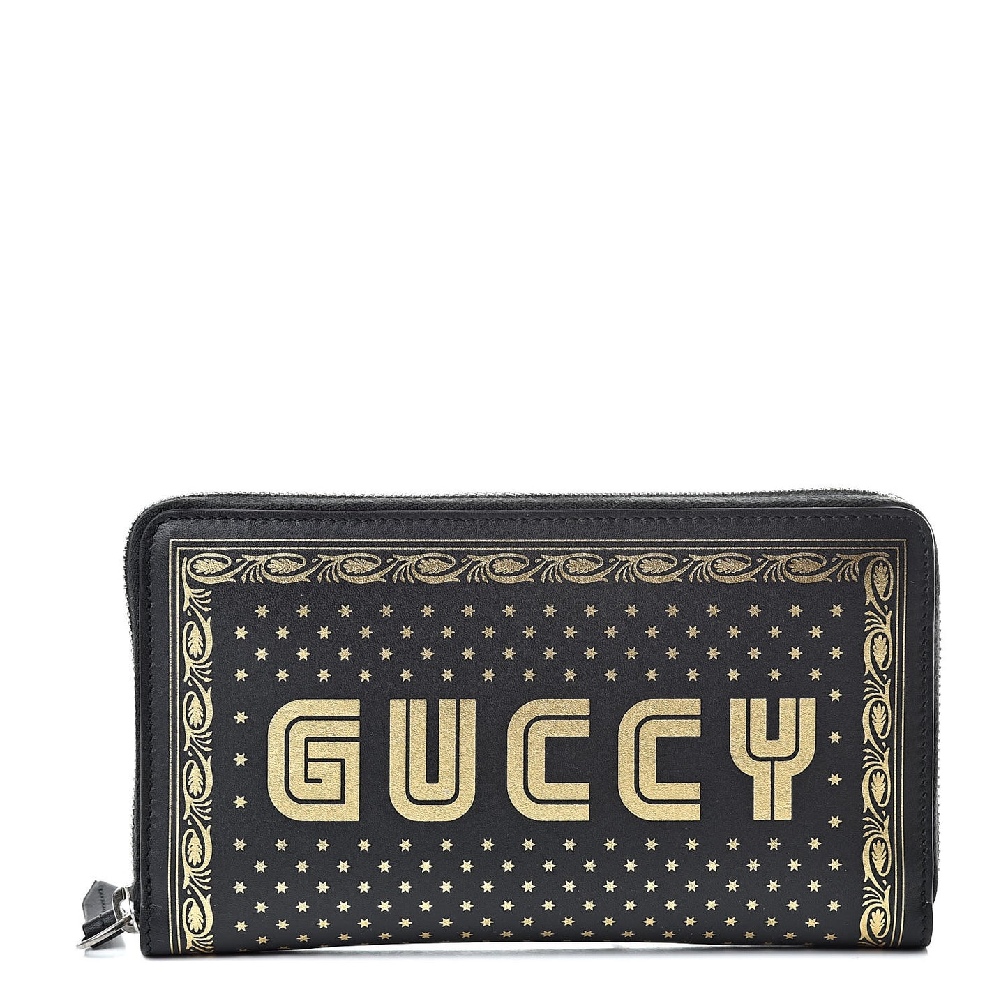 X SEGA Calfskin GUCCY Stars Zip Around Wallet Black Gold