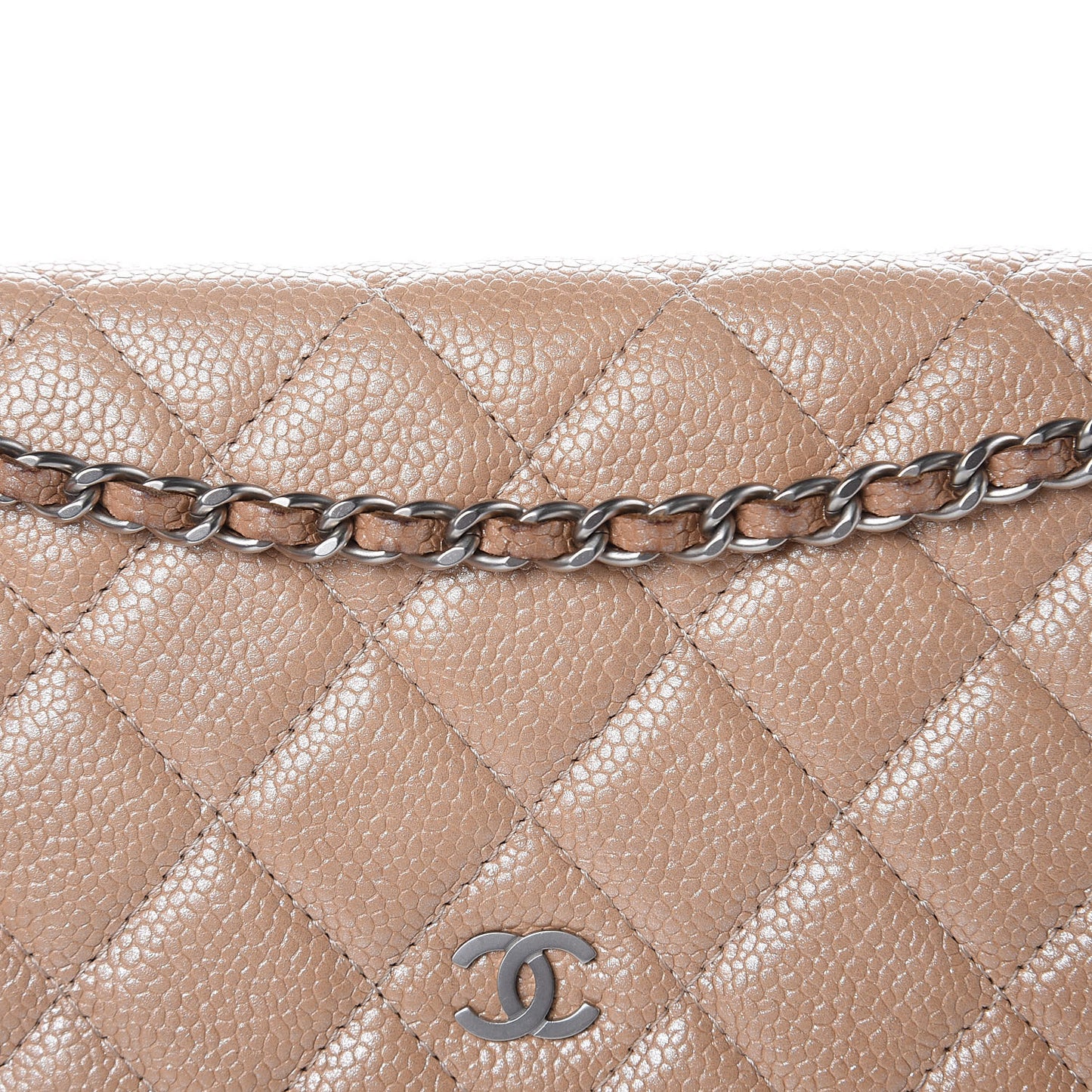 Metallic Caviar Quilted Wallet on Chain WOC Beige