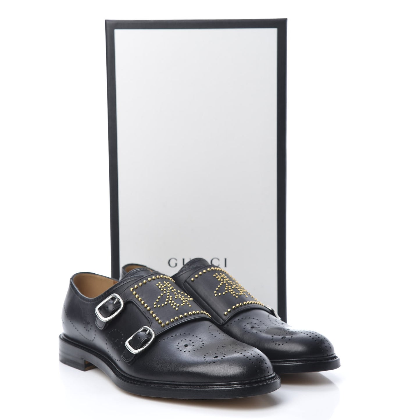 Calfskin Perforated Studded Mens Medallion Toe Double Monk Strap Loafers 8 Black